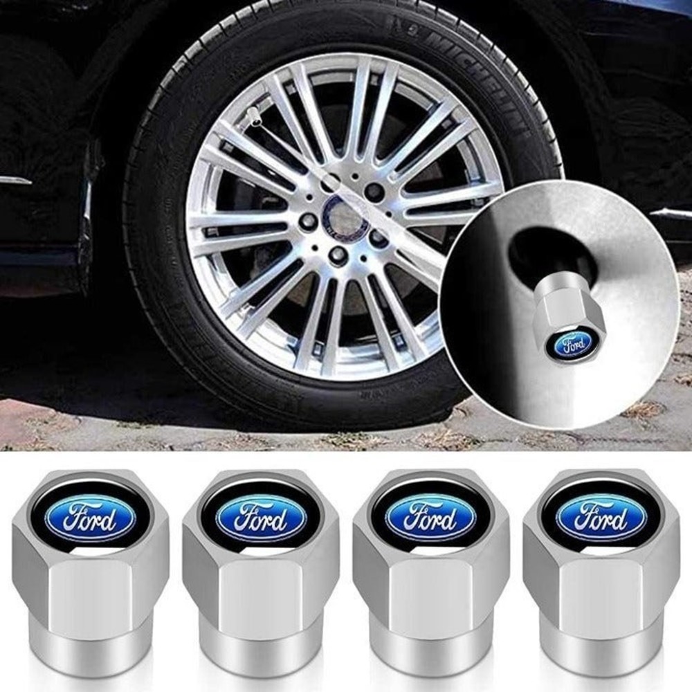 Ford Blue Oval Valve Stem Caps 4 Pcs Silver Hex NIP - Picture 3 of 4
